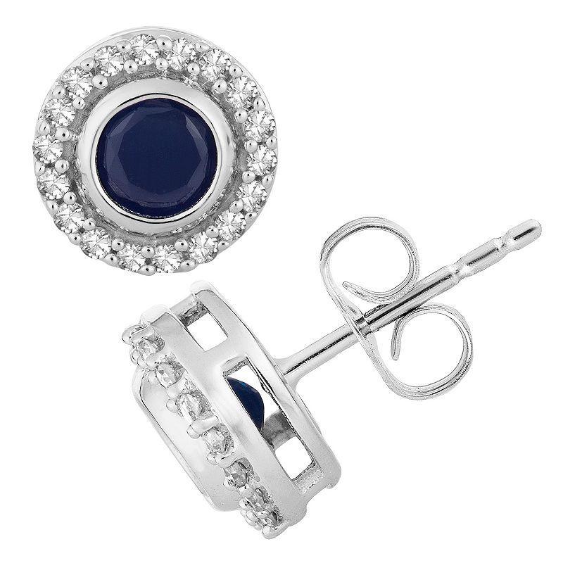 10k White Gold Sapphire & 1/10 Carat T.W. Diamond Halo Stud Earrings, Womens, Blue Product Image