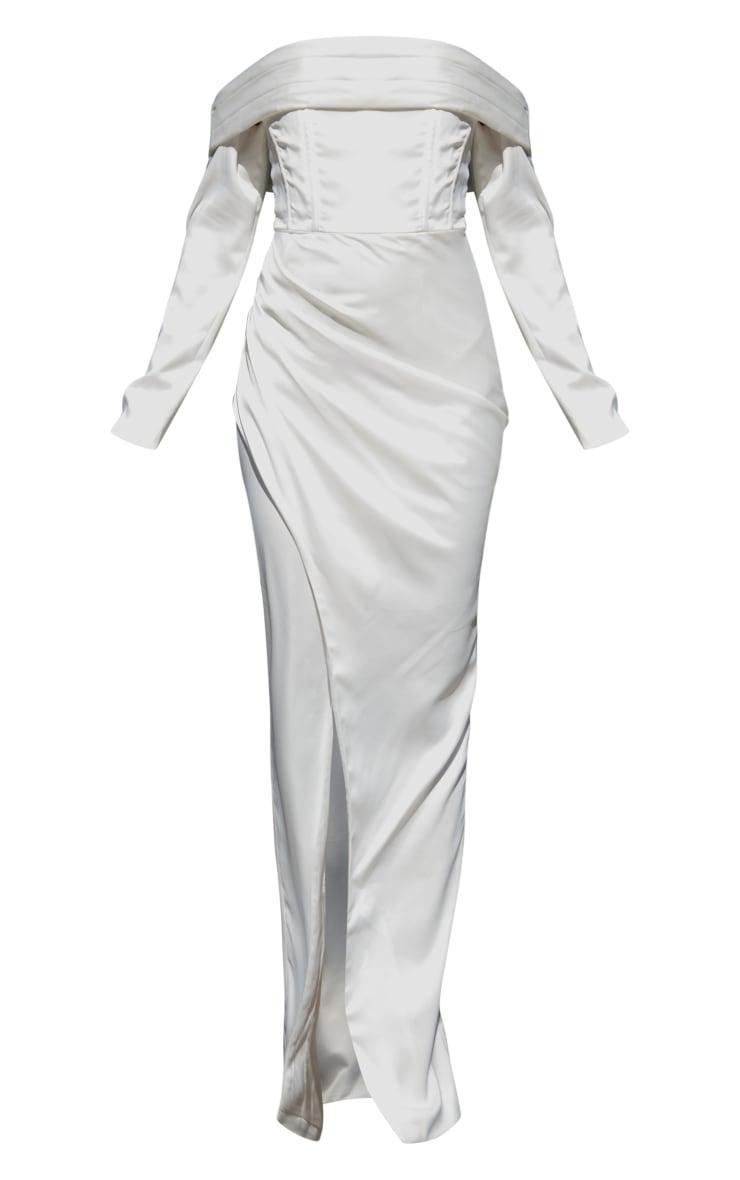 BRIDAL White Long Sleeve Bardot Split Maxi Dress Product Image