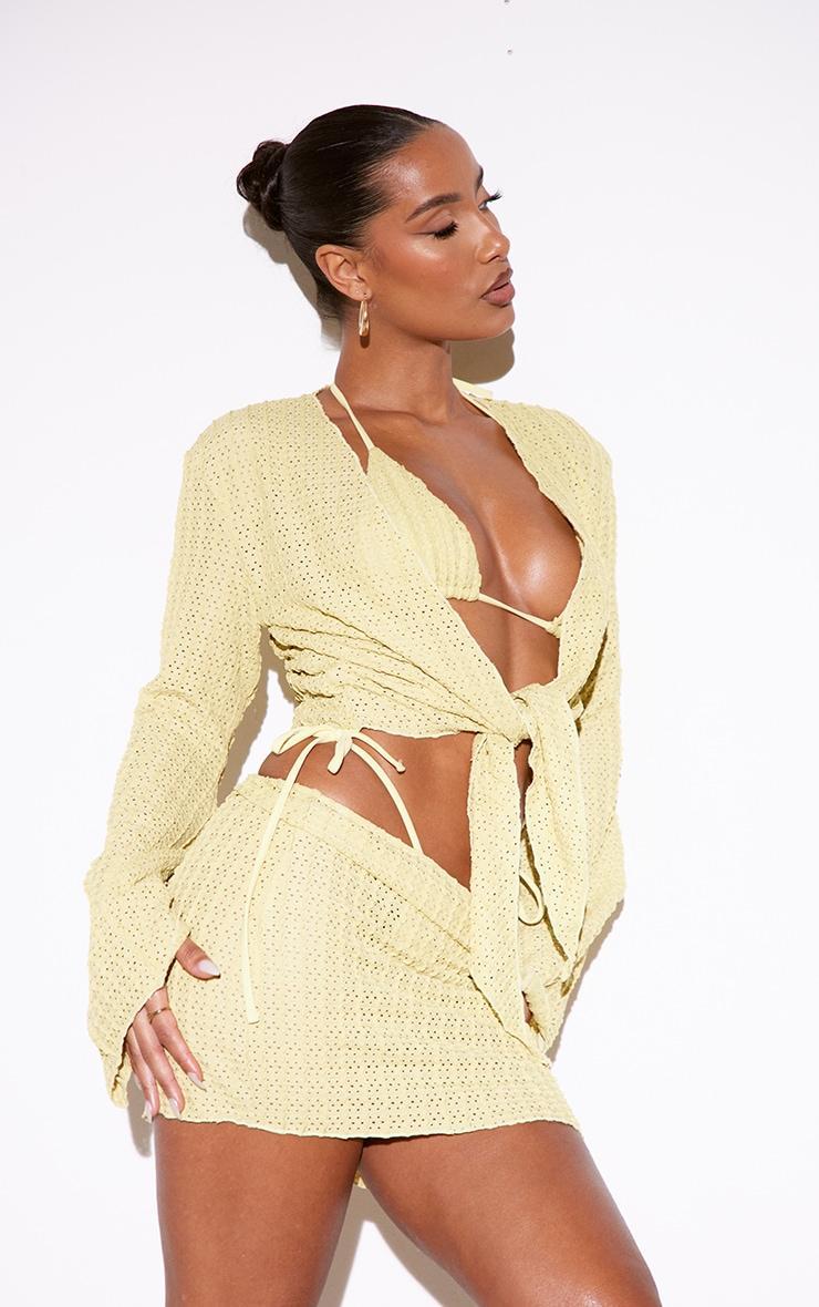 Dark Yellow Textured Crochet Bell Sleeve Tie Front Shirt Product Image