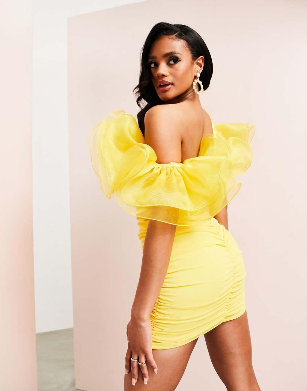 ASOS LUXE wired ruffle one shoulder ruched mini dress in yellow Product Image