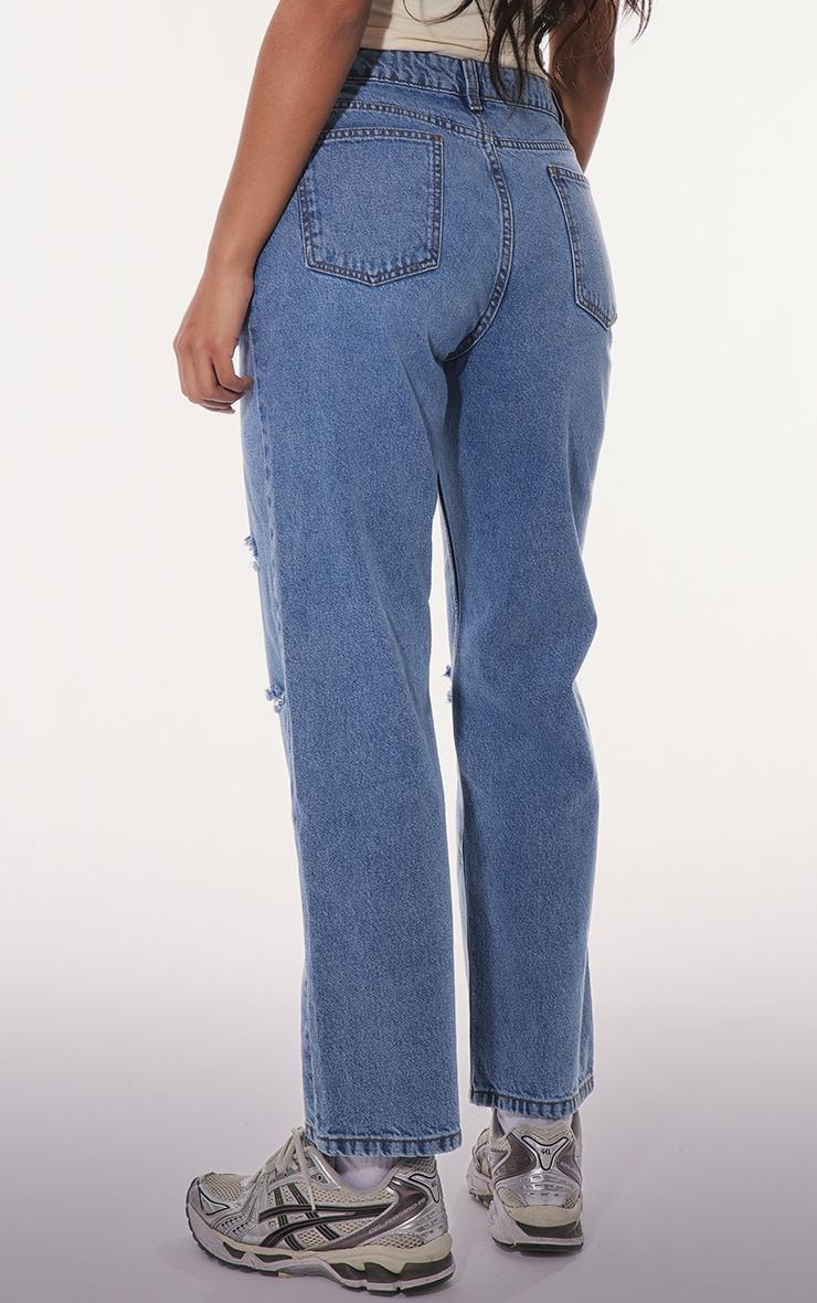 PRETTYLITTLETHING Mid Blue Wash Distressed Straight Leg Jeans Product Image