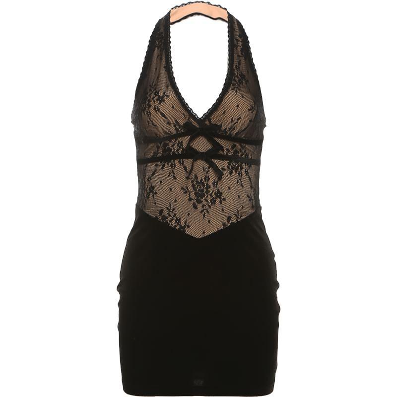 Halter Plain Lace Panel Bow Mini Bodycon Dress Product Image