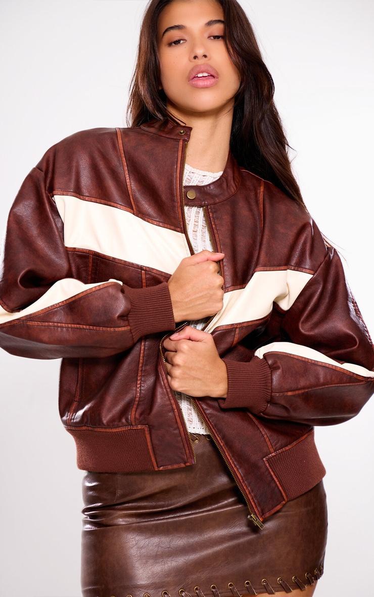 Brown Faux Leather Contrast Panel Longline Bomber Jacket product image