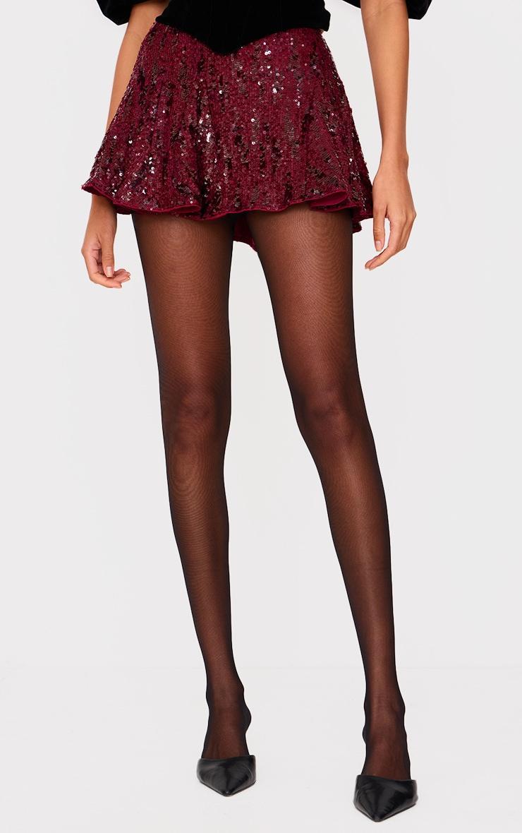 Burgundy Premium Extreme Sequin Pleated Skater Skirt Product Image