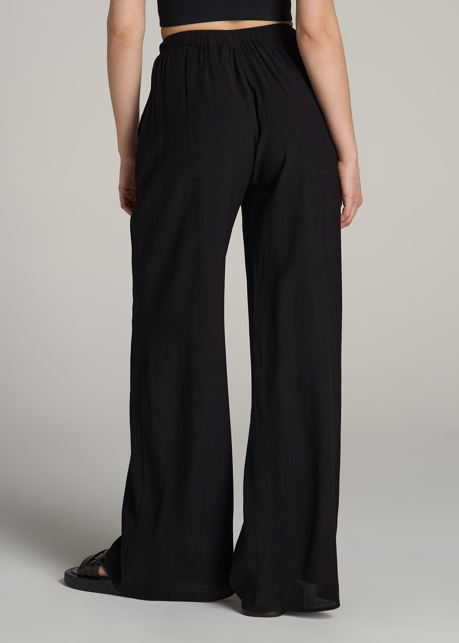 Crinkle Pull-on Wide-leg Pants for Tall Women in Black Product Image