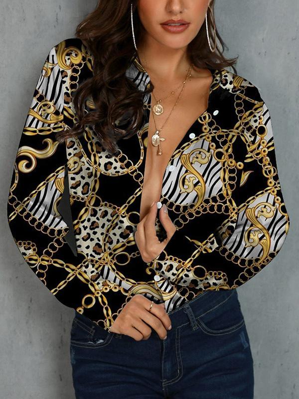 Long Sleeves Loose Buttoned Printed Lapel Blouses&Shirts Tops Product Image