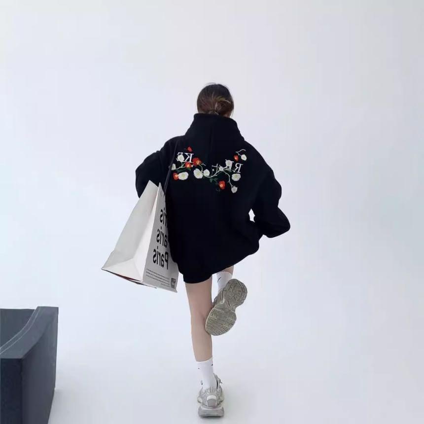 Floral Embroidered Drawstring Hoodie Product Image