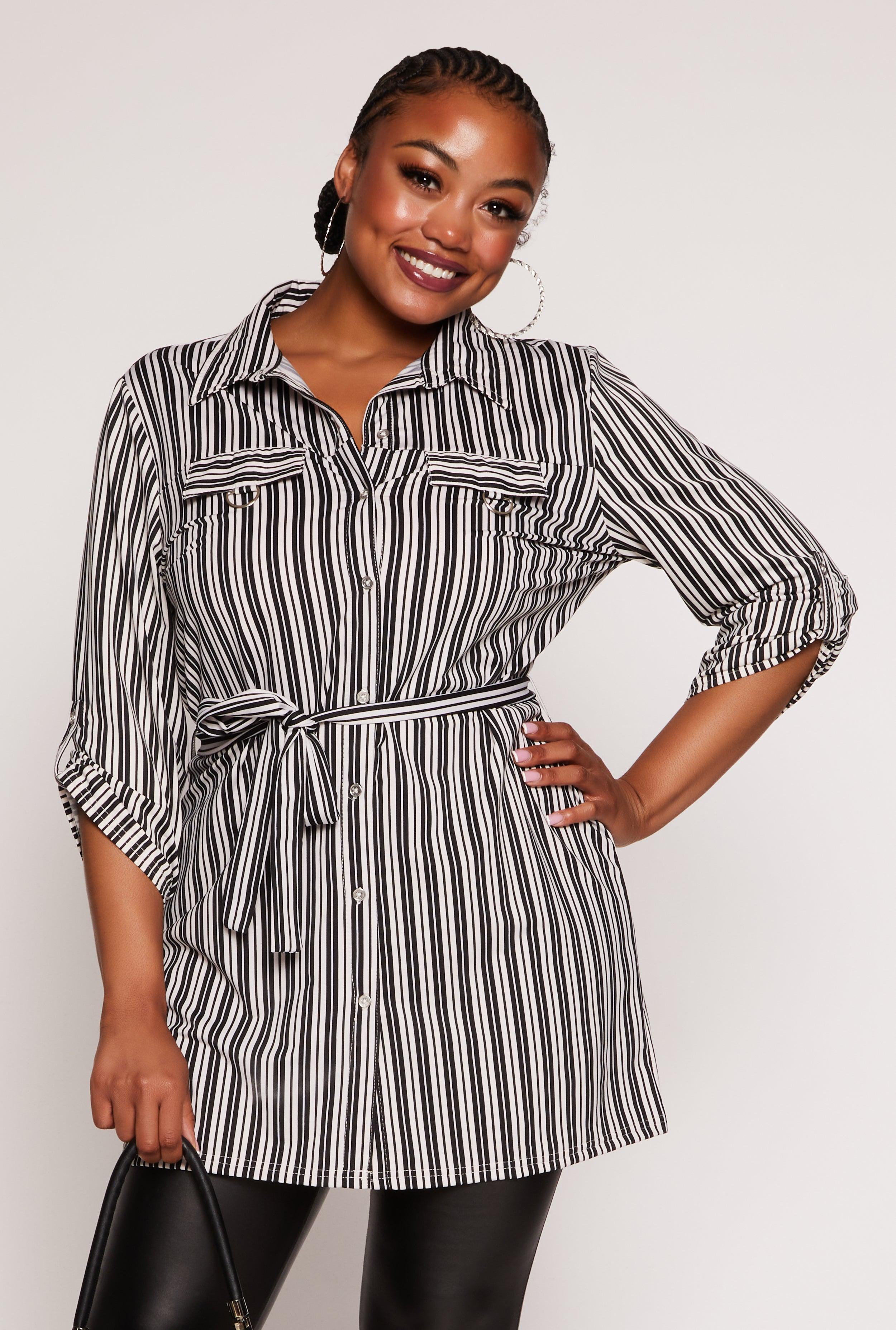 Womens Plus Size Striped Tie Waist Button Front Tunic Shirt Product Image