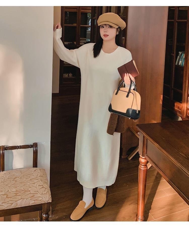 Long Sleeve Round Neck Plain Knit Midi A-Line Dress Product Image