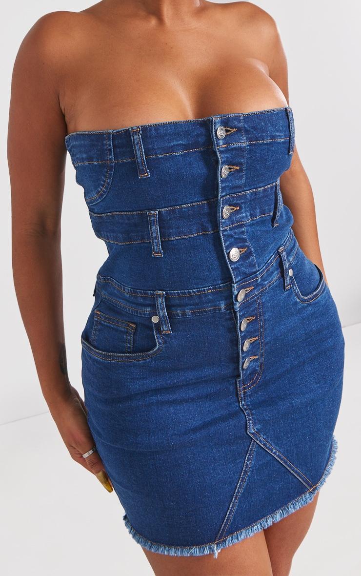 Shape Dark Blue Denim Button Front Bandeau Dress Product Image