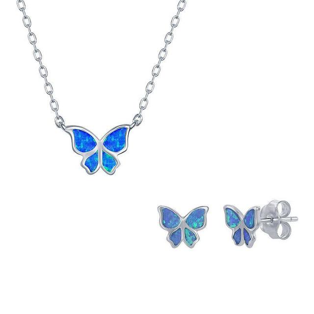 Sterling Silver Lab-Created Opal Butterfly Necklace & Earrings Set, Womens Blue Product Image