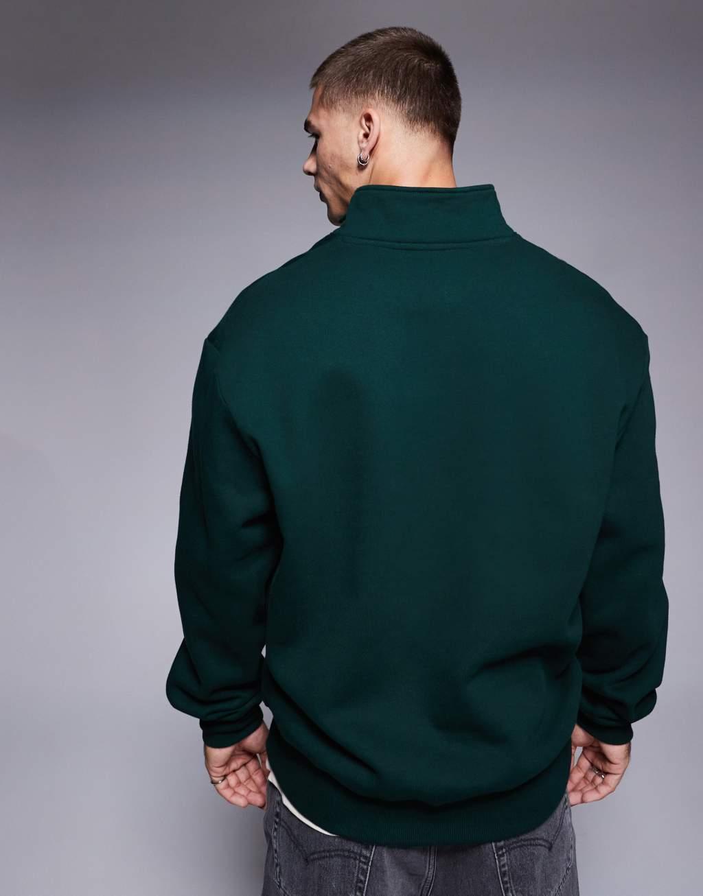 ASOS DESIGN premium heavyweight oversized quarter zip sweatshirt in forest green Product Image