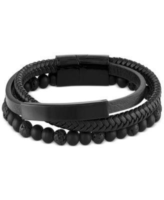 Mens Onyx & Lava Bead Triple Row Braided Leather Bracelet Ion-Plated Stainless Steel (Also in Onyx/Sodalite) - Black Product Image