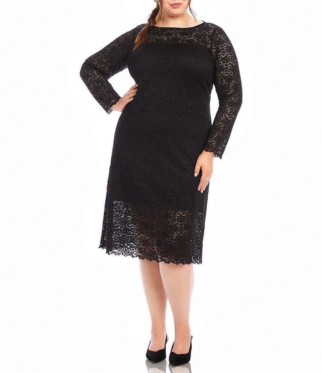 Karen Kane Plus Size Column Lace Boat Neck Long Sleeve Scallop Edge Sheath Dress Product Image