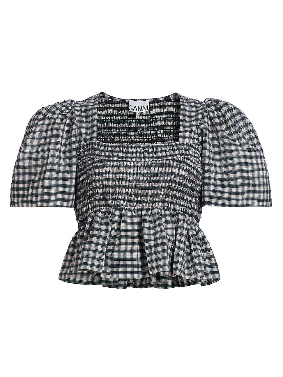 Womens Check Seersucker Peplum Blouse Product Image