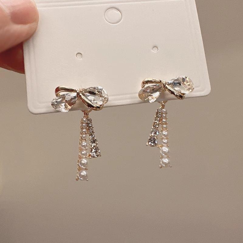 Bow Rhinestone Dangle Earrings Product Image