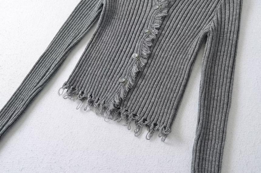 Long Sleeve V-Neck Plain Ribbed-Knit Tassel Slim-Fit Cardigan Product Image