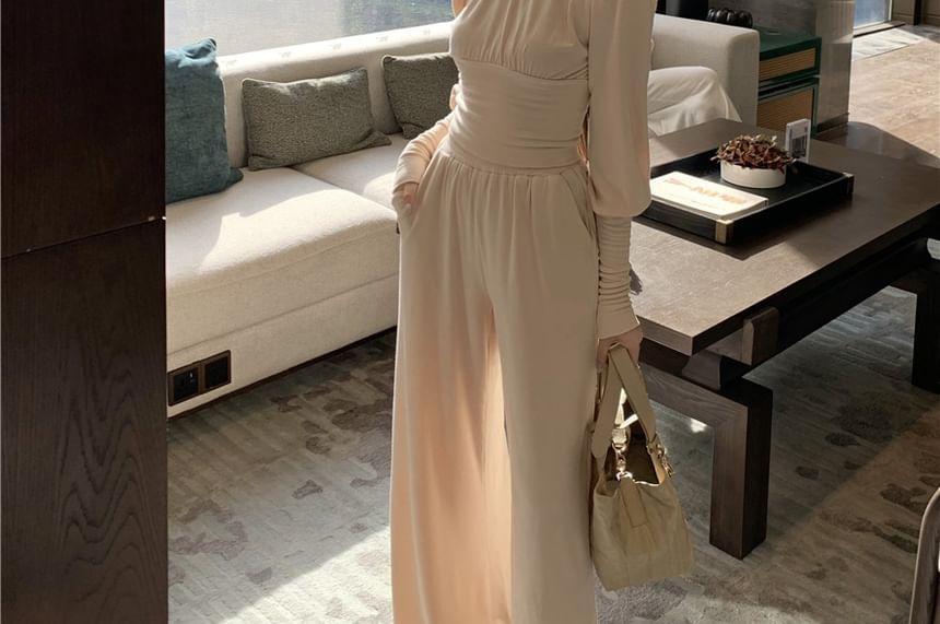 Set: Long-Sleeve Mock Neck Plain Ruched Slim Fit Crop T-Shirt + High Rise Wide Leg Pants Product Image