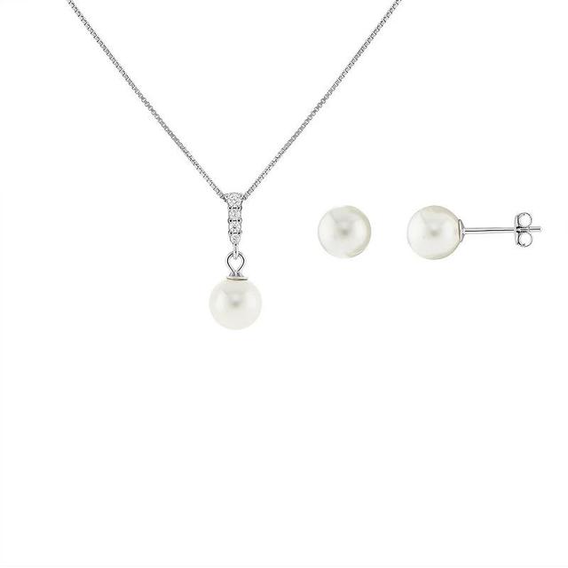 PRIMROSE Sterling Silver Simulated Pearl & Cubic Zirconia Pendant Necklace & Stud Earrings Set, Womens Sterling Silver White Product Image