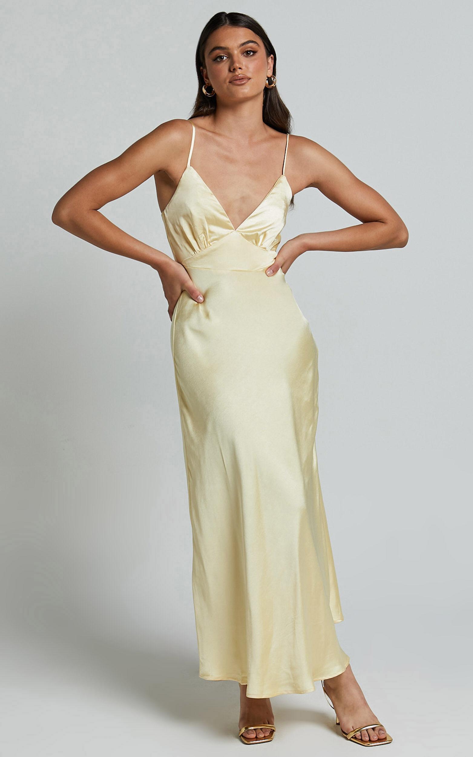 Lorenzia Maxi Dress - Plunge Corset Underbust Detail Satin Dress in Lemon Product Image