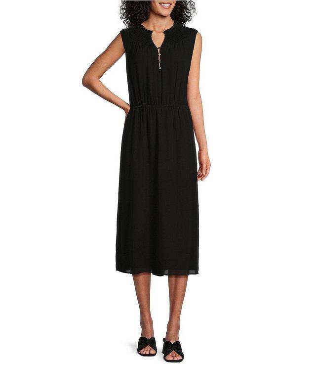 Investments Smocked Y-Neck Sleeveless Drop Waist Midi Dress Product Image