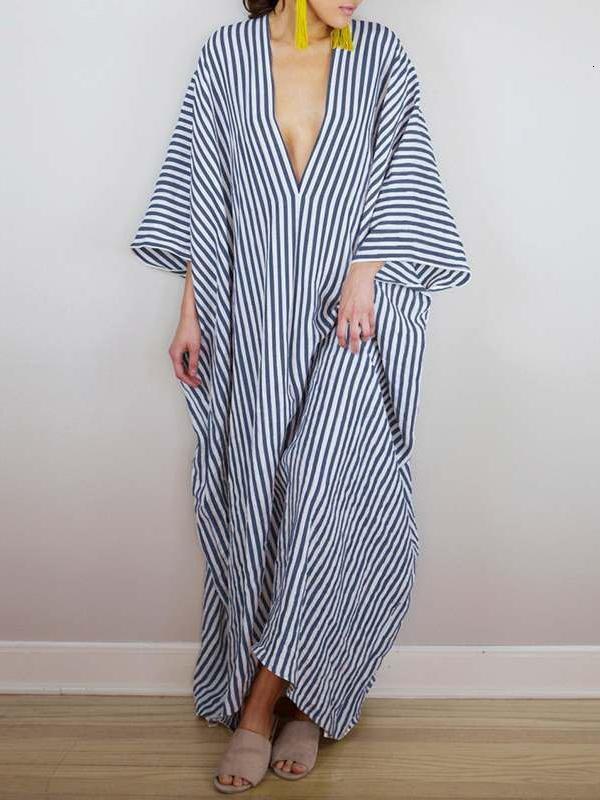 Batwing Sleeves Loose Striped V-Back Deep V-Neck Maxi Dresses Product Image