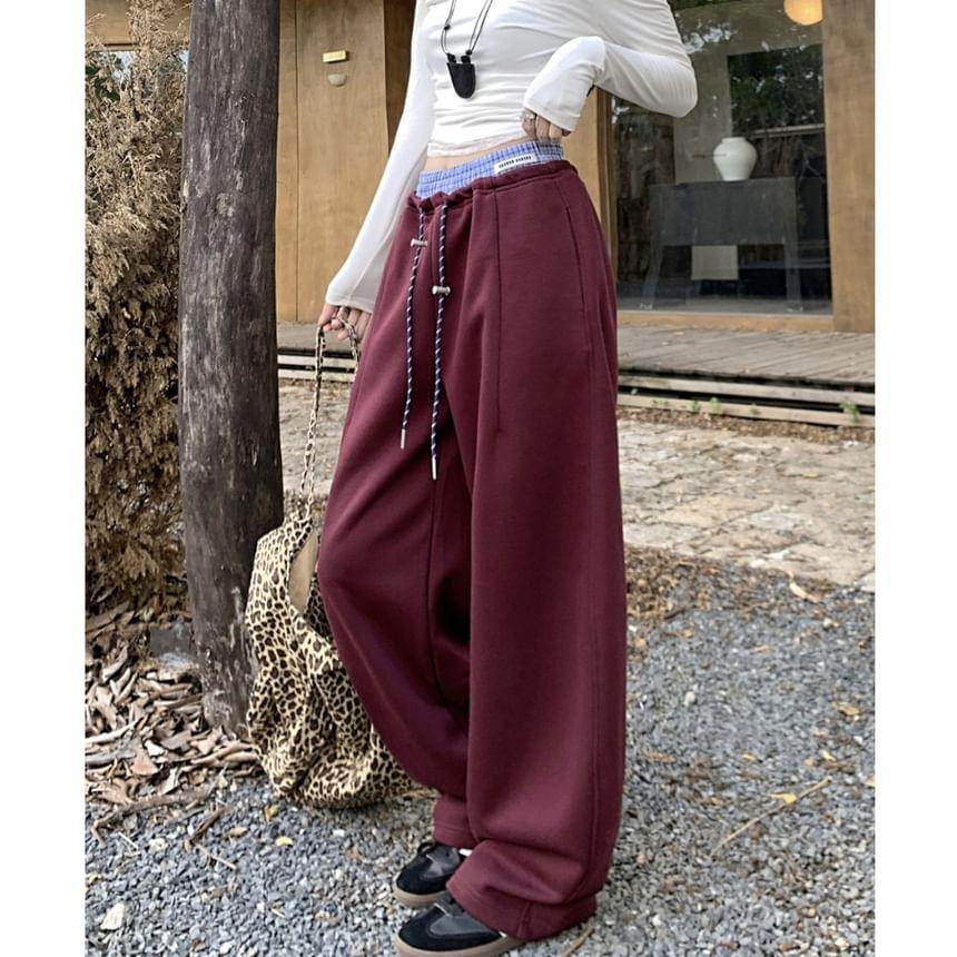 Drawstring Waist Mock Two Piece Wide Leg Sweatpants Product Image