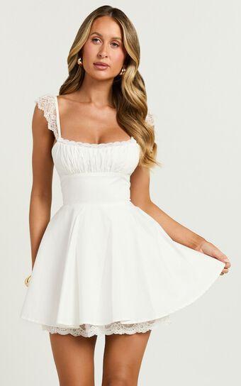 Adalee Mini Dress - Sleeveless Ruched Bodice Lace Trim Dress in Off White Product Image