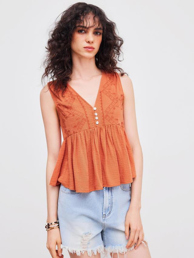 Woven V-neck Embroidery Ruffle Hem Tank Top Product Image