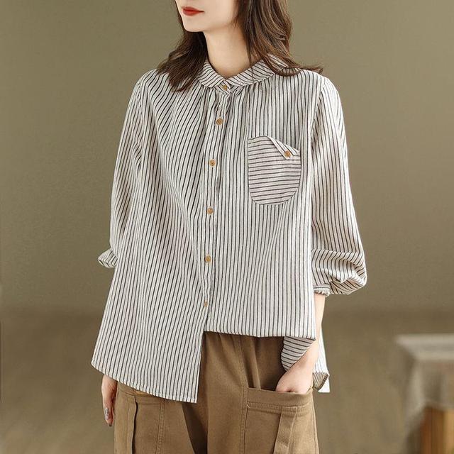 Long-Sleeve Collared Striped Blouse Product Image