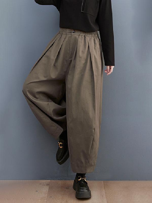 Plus Size Loose Pleated Elasticity Solid Color Casual Pants Bottoms Ninth Pants Product Image