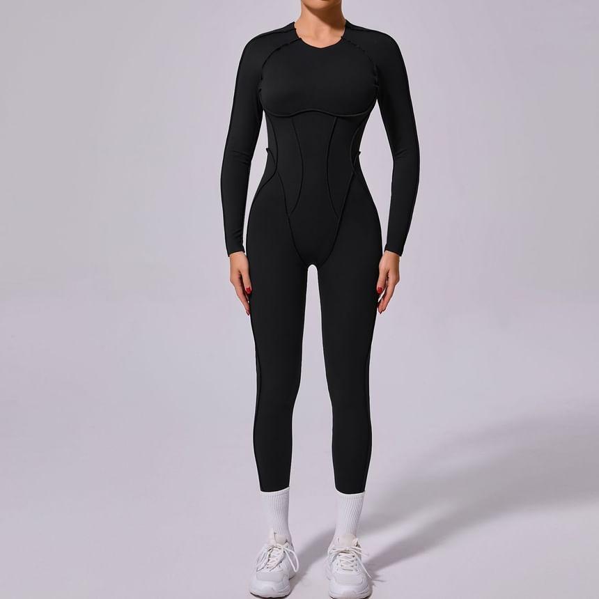 Long-Sleeve Plain Inside Out Seam Sports Jumpsuit Product Image