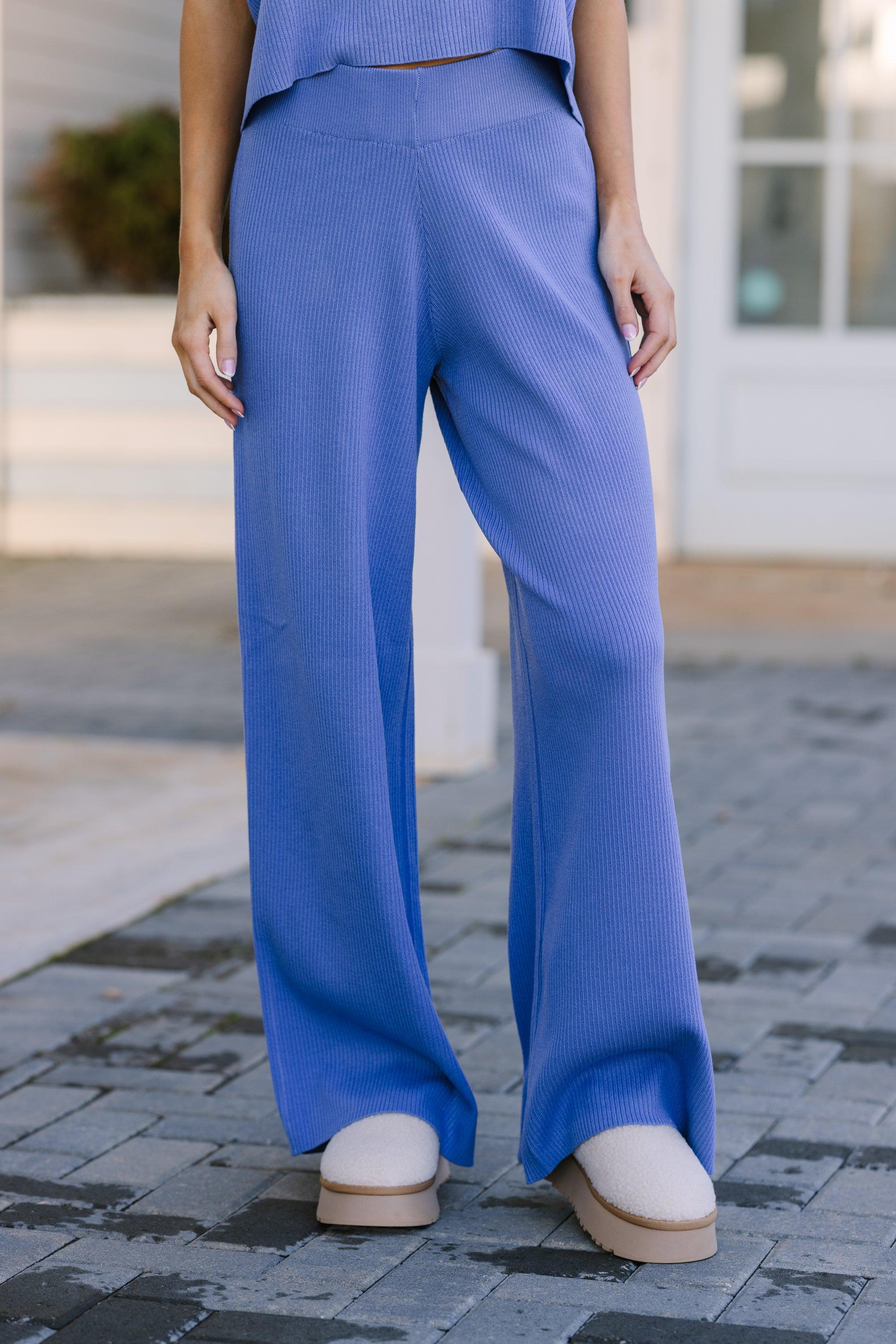 Safe Travels Blue Ribbed Knit Wide Leg Pants Female product image