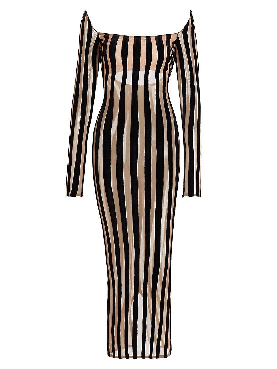 LaQuan Smith Stripe Semisheer Long Sleeve Midi Dress Product Image