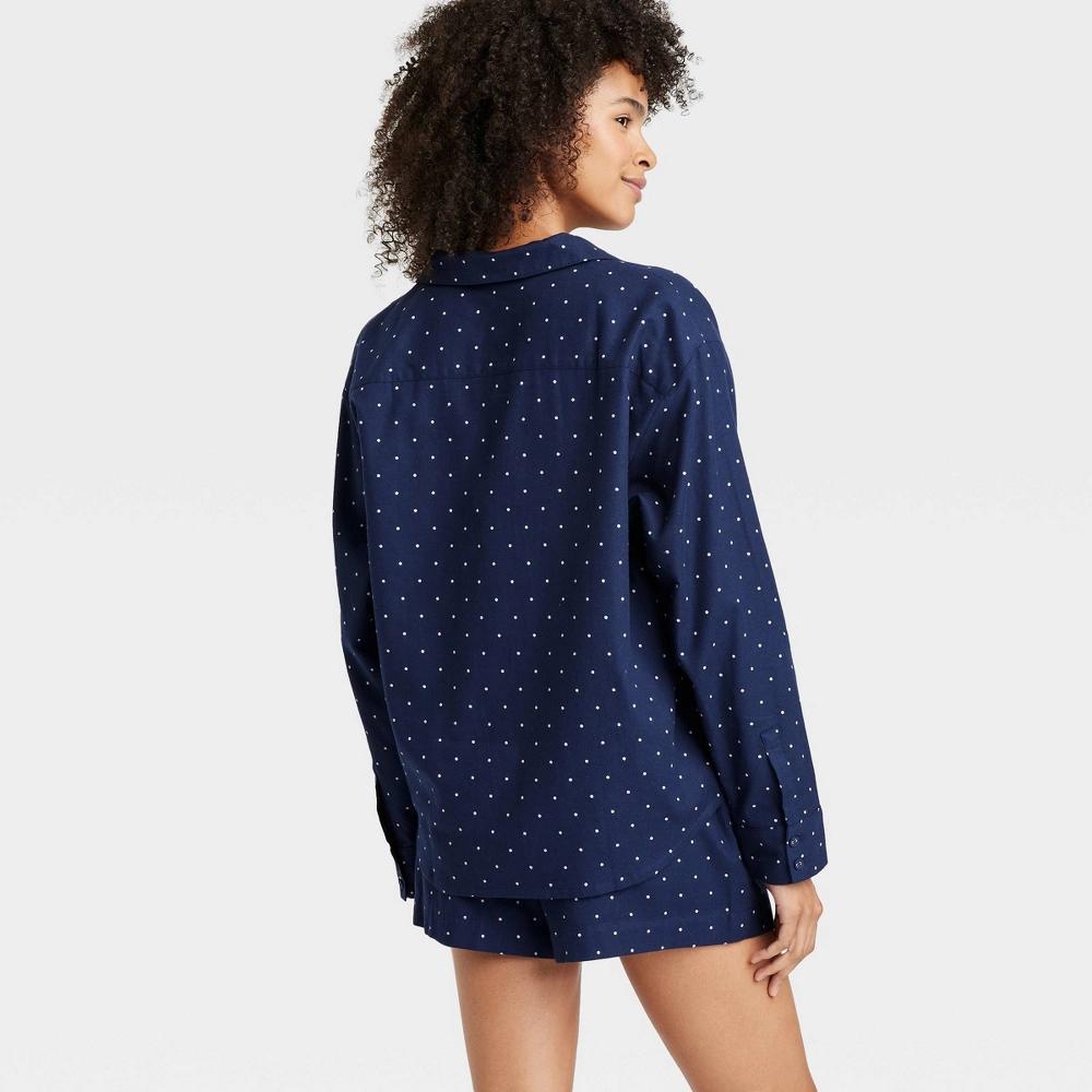 Women's Polka Dot Flannel Long Sleeve Top and Shorts Pajama Set - Auden™ Navy Blue M Product Image