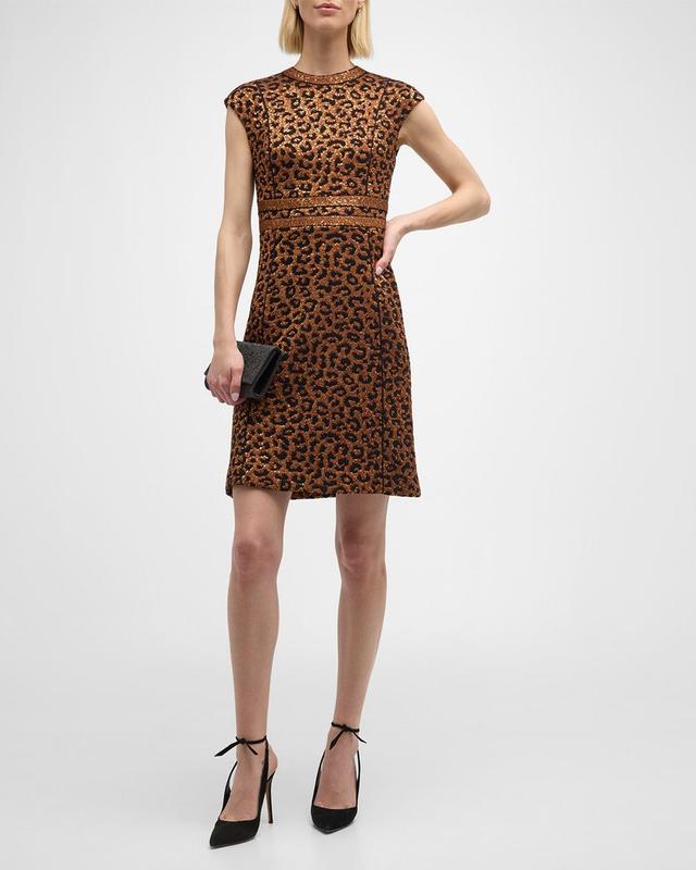 St. John Evening Sequin Leopard Jacquard Cap Sleeve Dress Product Image