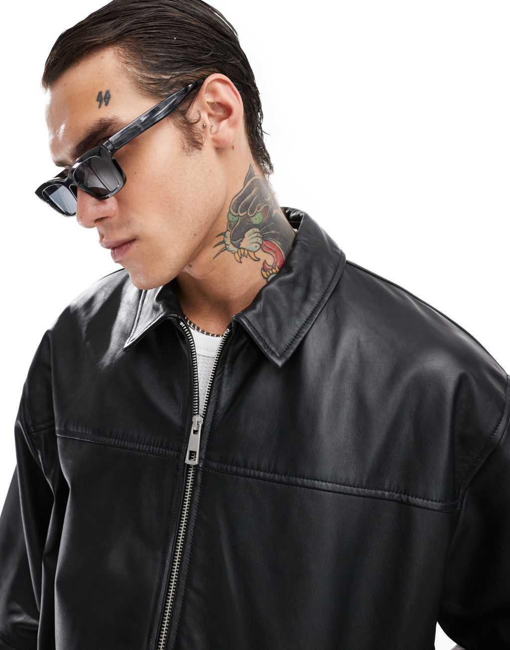 ASOS DESIGN premium oversized real leather harrington jacket in black Product Image