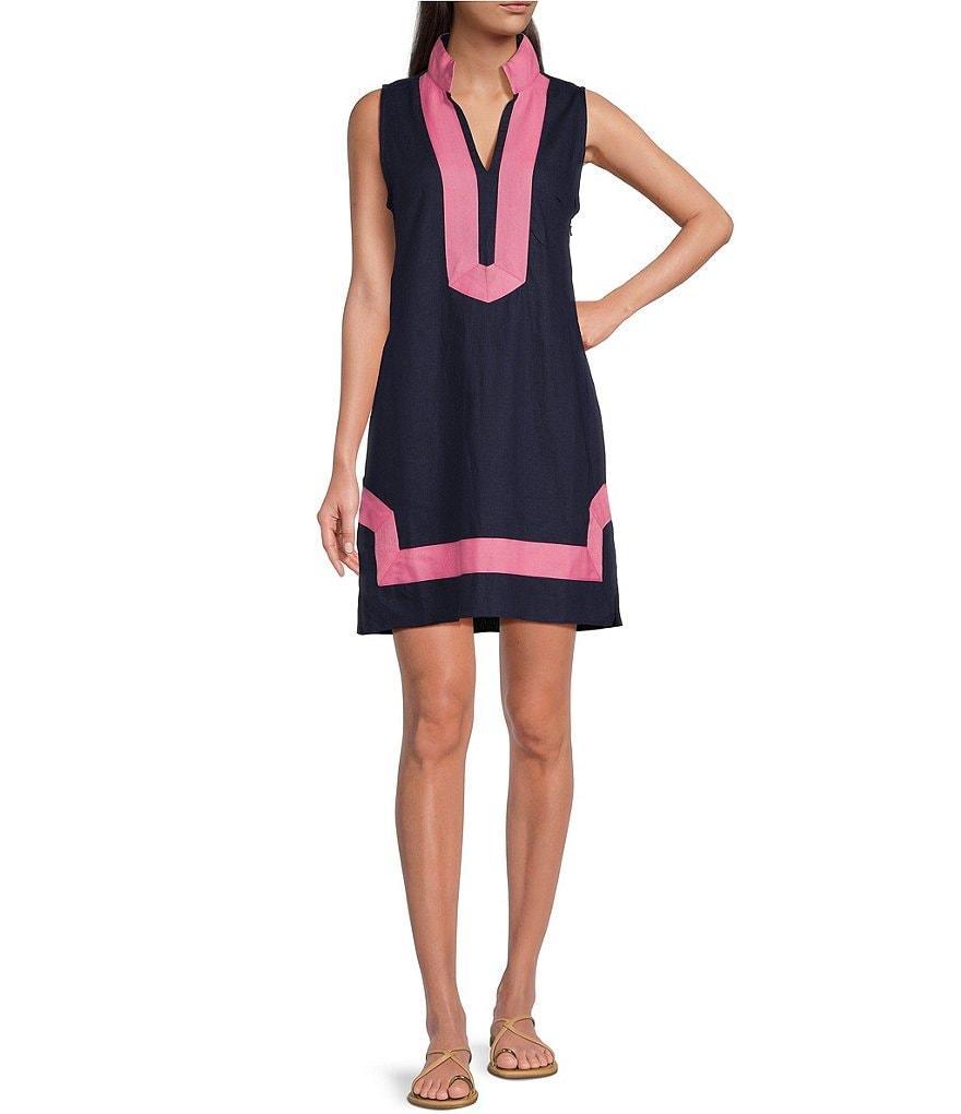 SAIL to SABLE Woven Band Collar Split V-Neck Sleeveless Contrast Trim Shift Dress Product Image