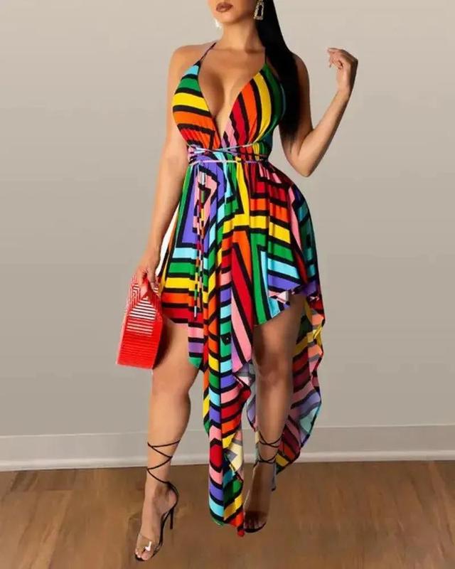 Olivia Mark – Asymmetrical Colorful Striped Backless V-Neck Dress Product Image