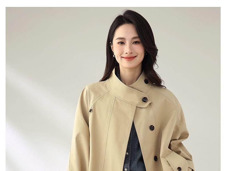 Stand Collar Plain Panel Button Trench Coat Product Image