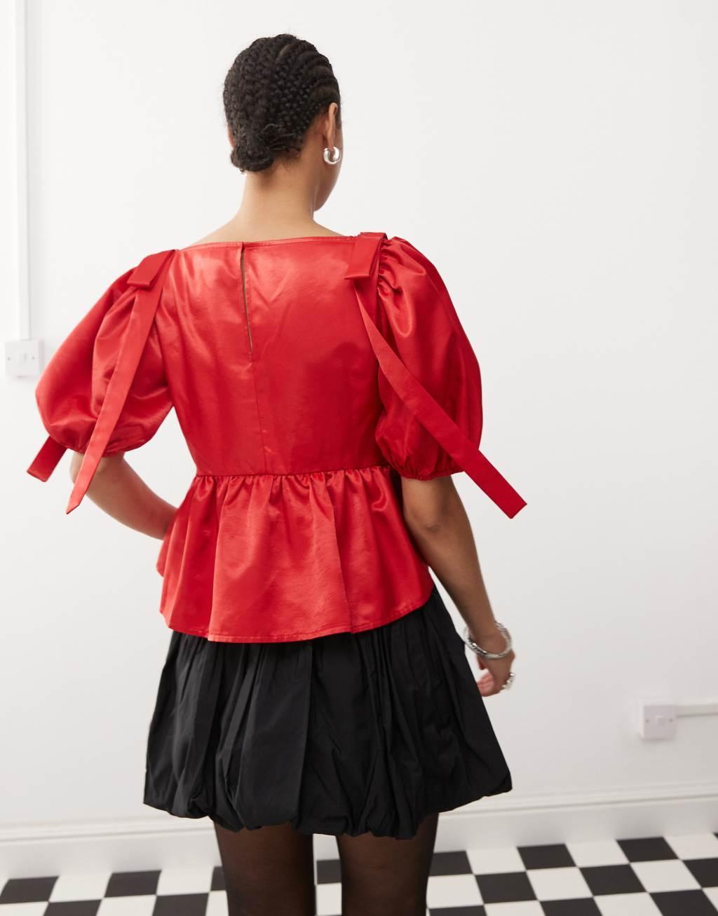 COLLUSION satin femme smock top with bow detail in red Product Image