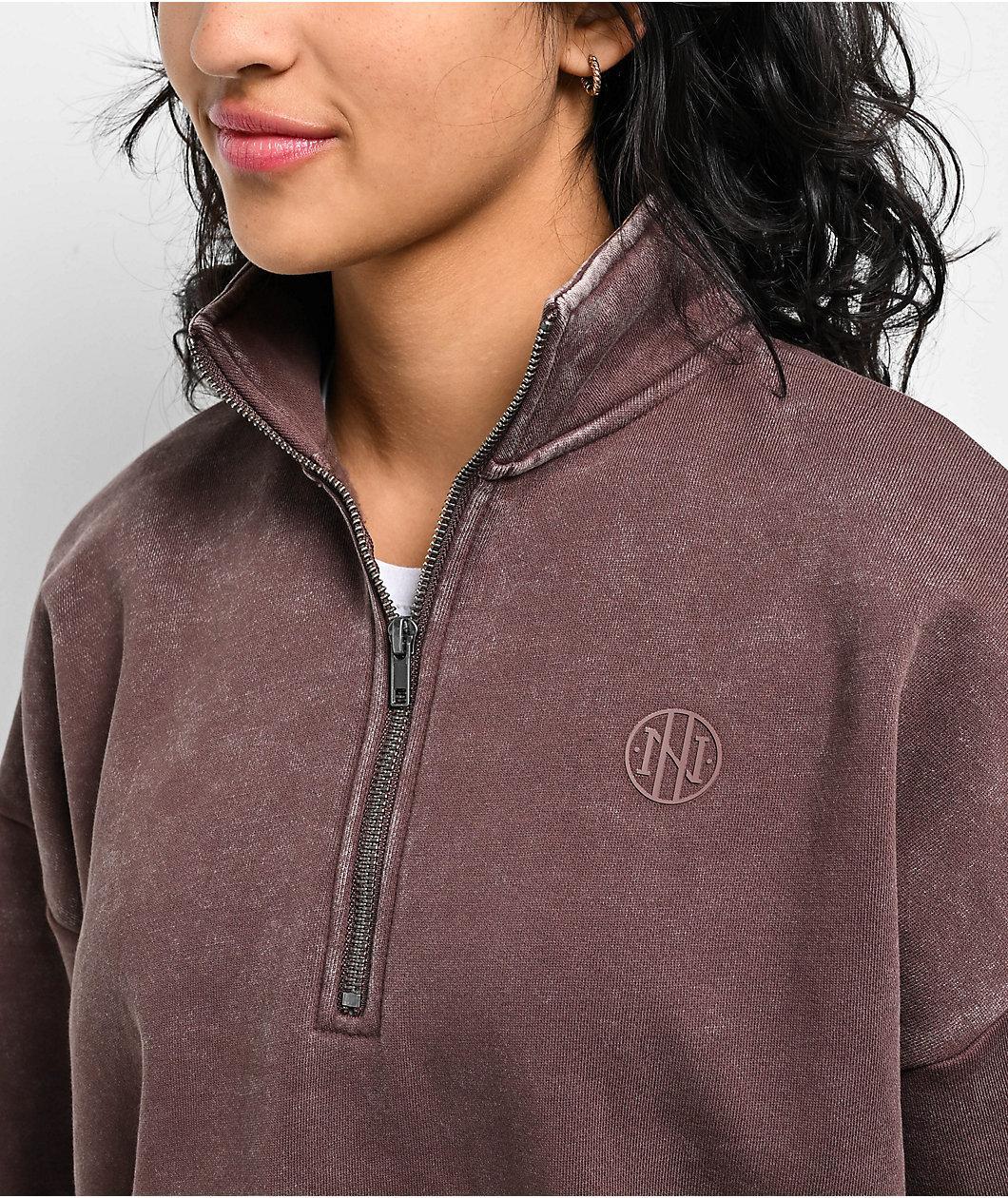 Ninth Hall Fundamentals Sheena Washed Brown Oversized Quarter Zip Sweatshirt Product Image