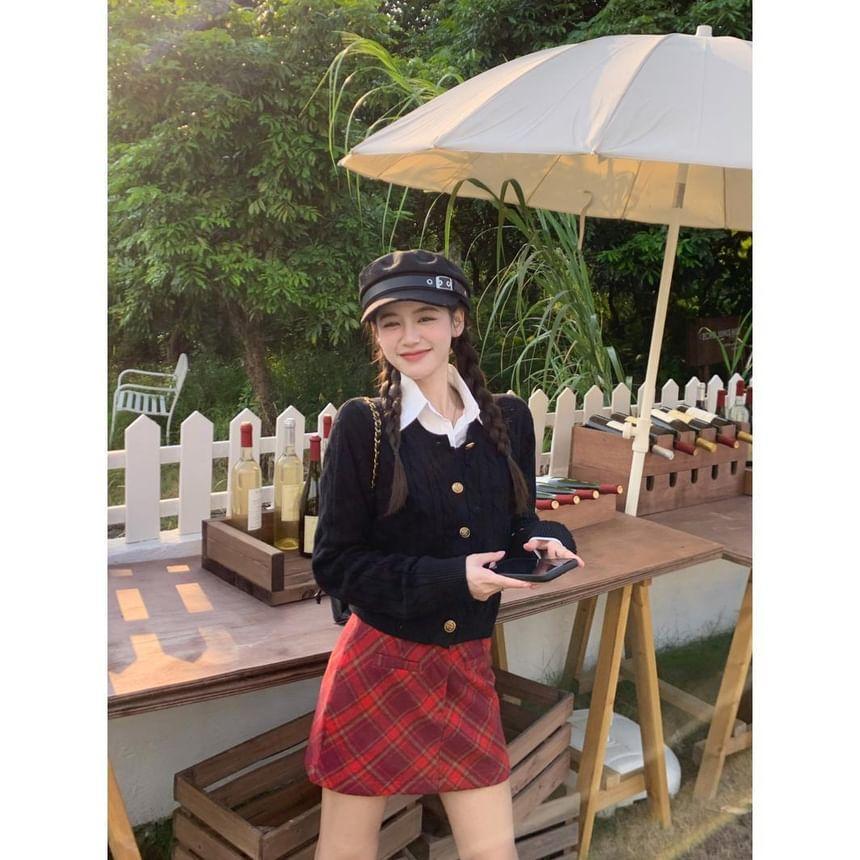 Crew Neck Plain Cable Knit Button-Up Crop Cardigan / High Rise Plaid Mini Pencil Skirt Product Image