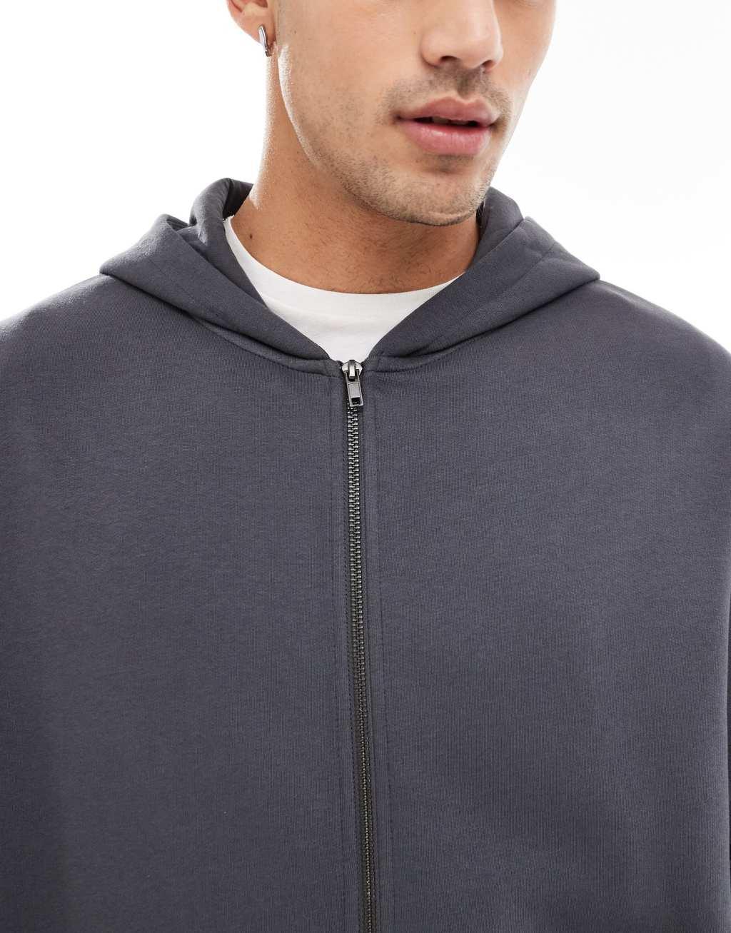 ADPT oversized double zip hoodie in gray acid wash Product Image