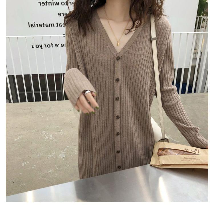 Maternity Long-Sleeve V-Neck Plain Button Ribbed Knit Midi A-Line Dress Product Image