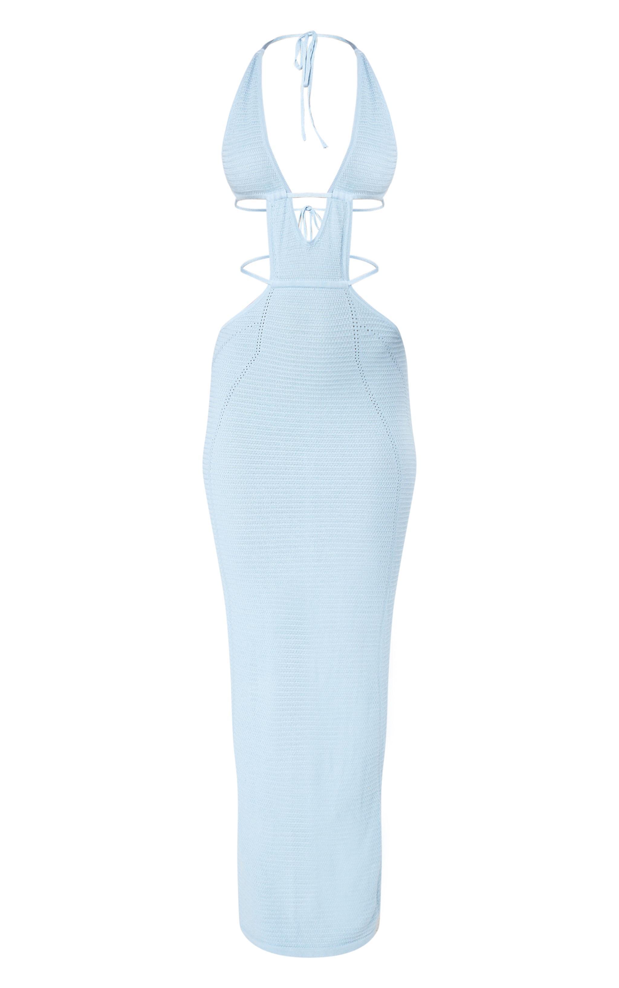 Blue Textured Sheer Knit Ruched Cut Out Halterneck Dress Product Image