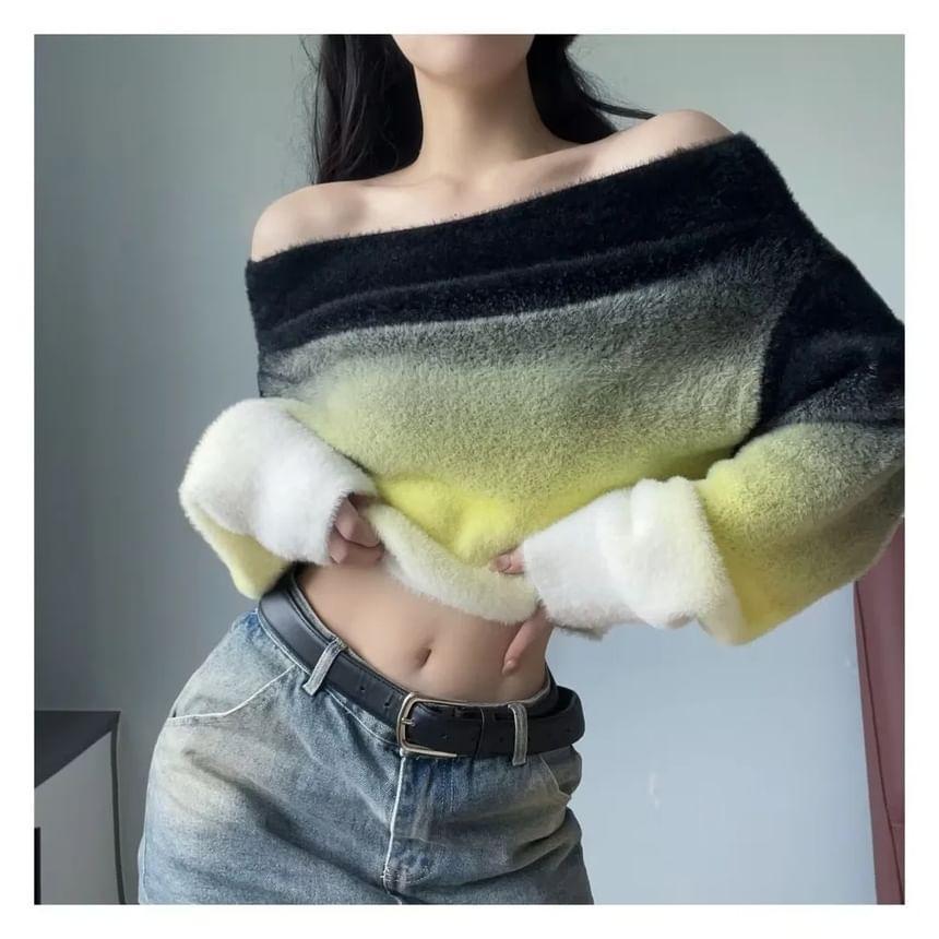 Off-Shoulder Gradient Fluffy Crop Sweater Product Image