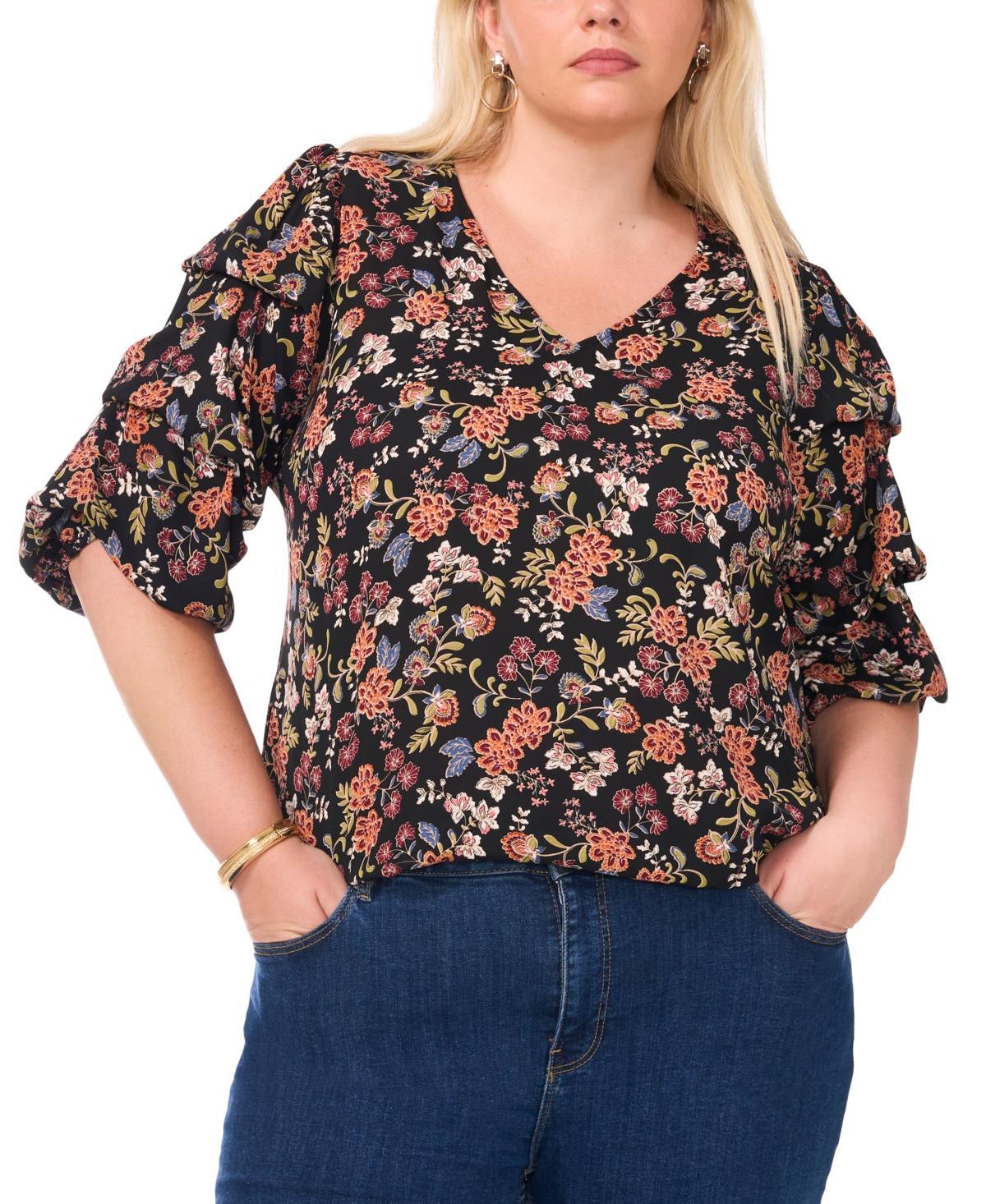 Vince Camuto Womens Plus Size Printed V-Neck Bubble Sleeve Top Product Image