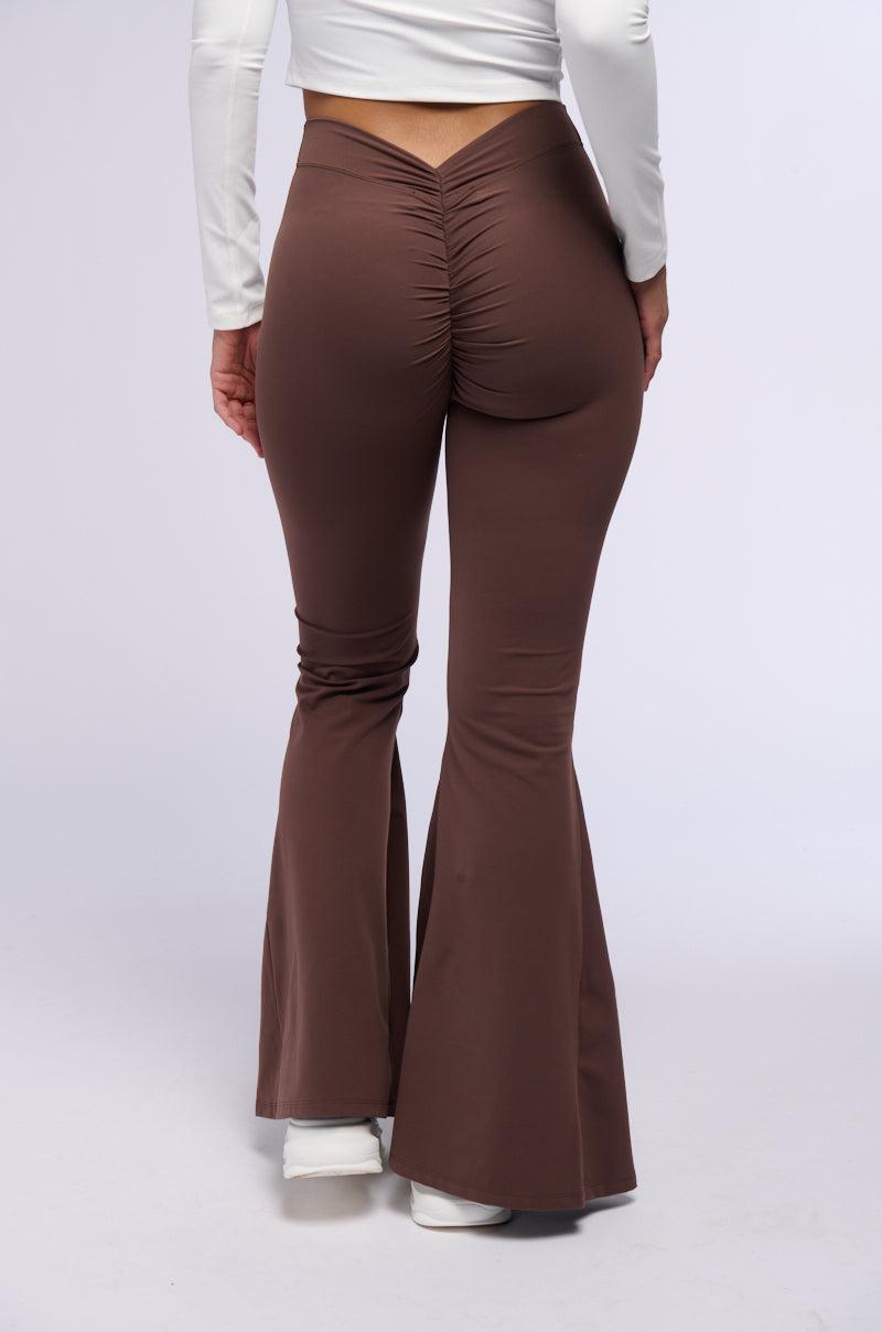 ON THE RUN RUCHED BACK FLARE LEGGING IN BROWN Product Image