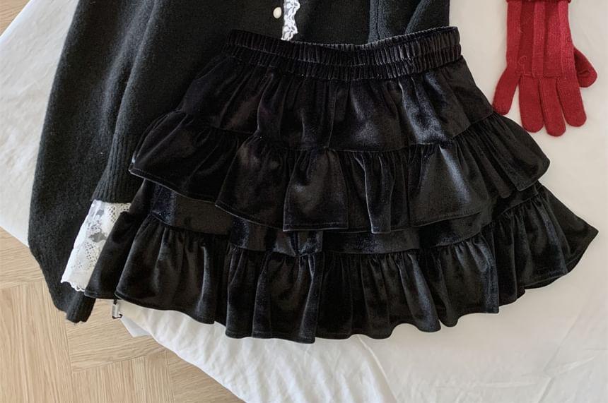 Elastic Waist Plain Tiered Velvet Mini A-Line Skirt Product Image